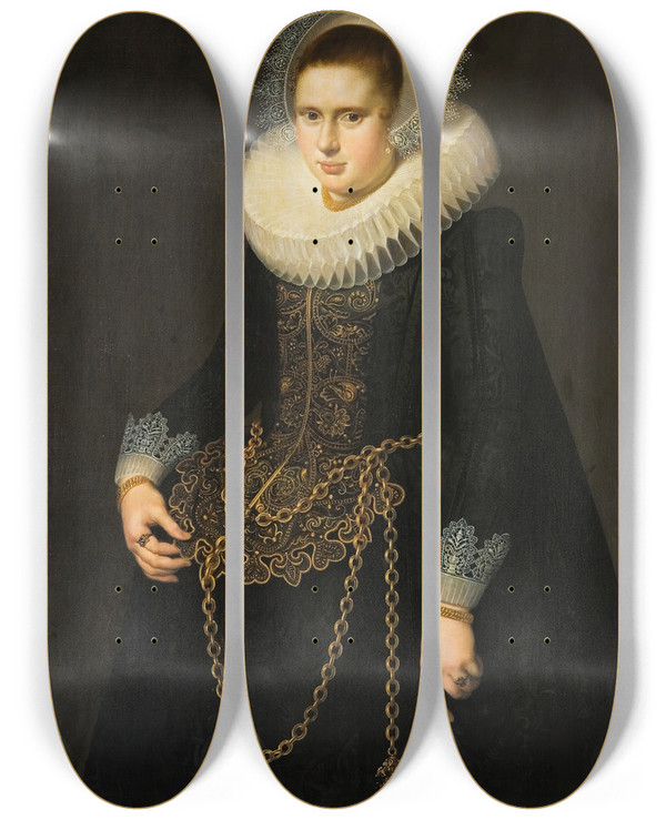Triptych art skateboard deck of Cornelis Van Der Voort Portrait Of A 22Yearold Woman by Cornelis van der Voort (1575-1624)