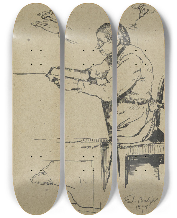 Triptych art skateboard deck of Ferdinand Balzer Sitzende Ltere Schfersfrau Lesend by Ferdinand Balzer (1872-1916)