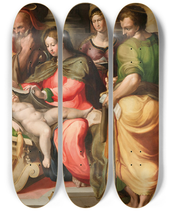 Triptych art skateboard deck of Domenico Tibaldi The Holy Family With Saint Catherine Of Alexandria And Saint Paul by Domenico Tibaldi (1541-1583)