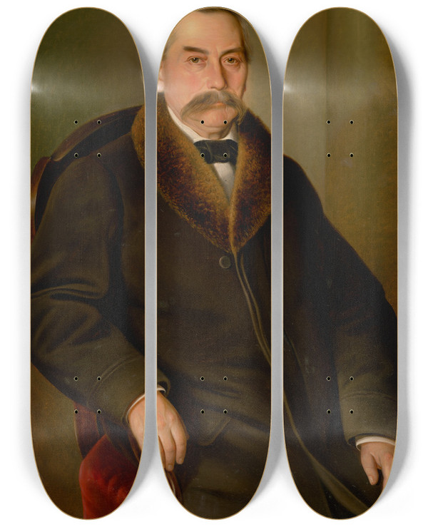 Triptych art skateboard deck of Peter Michal Boh Portrait Of A Man In Fur Coat by Peter Michal Bohun (1822-1879)