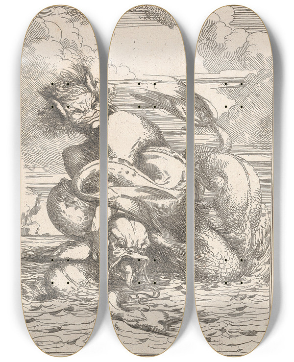 Triptych art skateboard deck of John Hamilton Mortimer Enraged Monster by John Hamilton Mortimer (1740-1779)