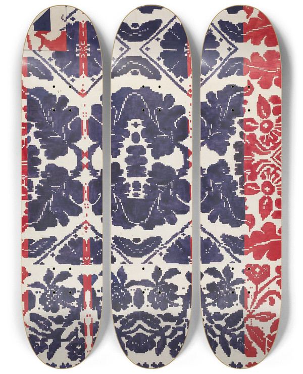 Triptych art skateboard deck of Katherine Hastings Coverlet_2 by Katherine Hastings