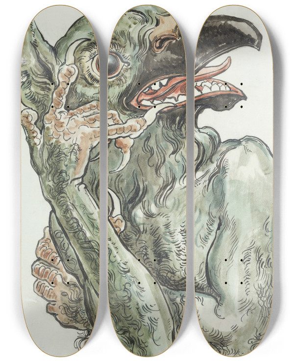 Triptych art skateboard deck of Jan Matejko Devil With A Birds Head by Jan Matejko (1838-1893)