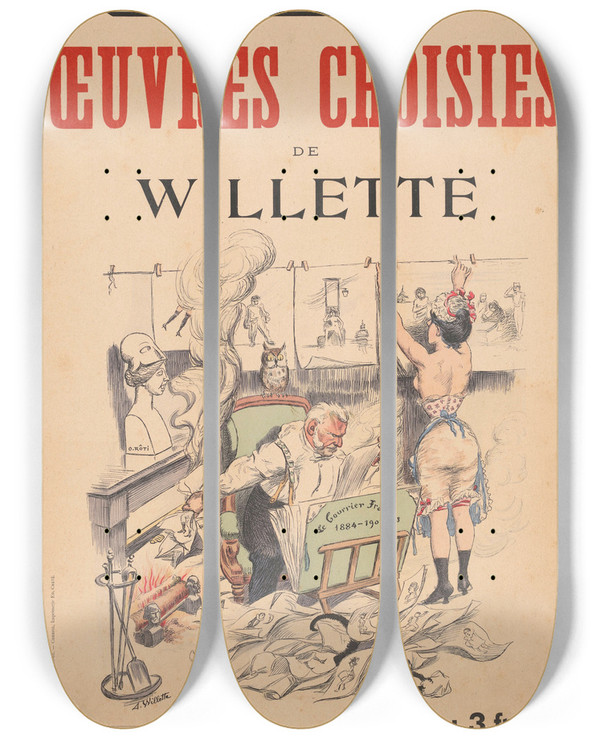 Triptych art skateboard deck of Adolphe Lon Willette Reclamebiljet Voor De Oeuvres Choisies Van Adolphe Lon Willette by Adolphe Leon Willette (1857-1926)
