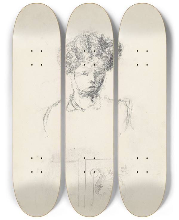 Triptych art skateboard deck of Christian Krohg Kvinneportrett Dekormnster by Christian Krohg (1852-1925)
