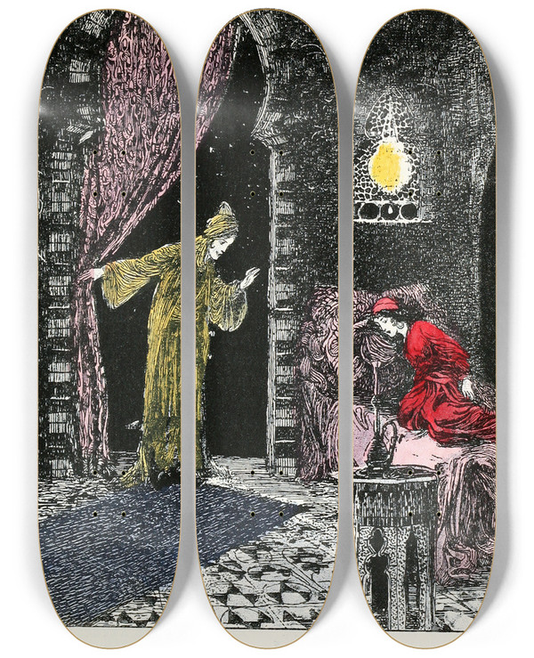 Triptych art skateboard deck of Willy Pogany Fortyfour Turkish Fairy Tales Pl 20 by Willy Pogany (1882-1955)