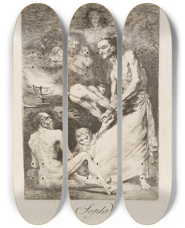 Triptych art skateboard deck of Francisco De Goya Sopla Blow by Francisco de Goya (1746-1828)