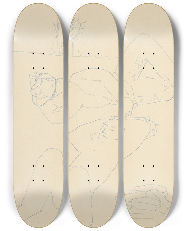 Triptych art skateboard deck of Mikul Galanda Odpovajci I by Mikulas Galanda (1895-1938)