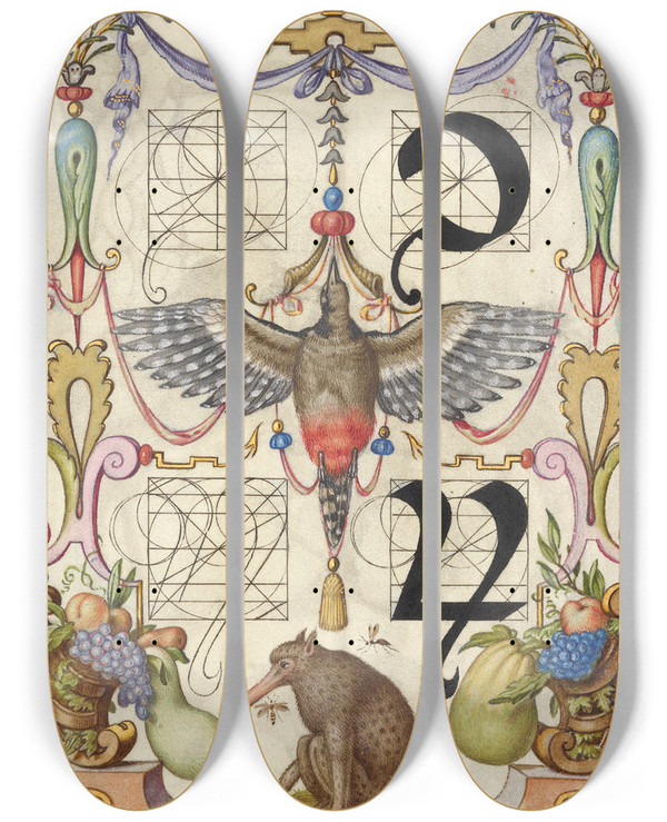 Triptych art skateboard deck of Joris Hoefnagel Guide For Constructing The Tironian Con And Orum by Joris Hoefnagel (1542-1600)