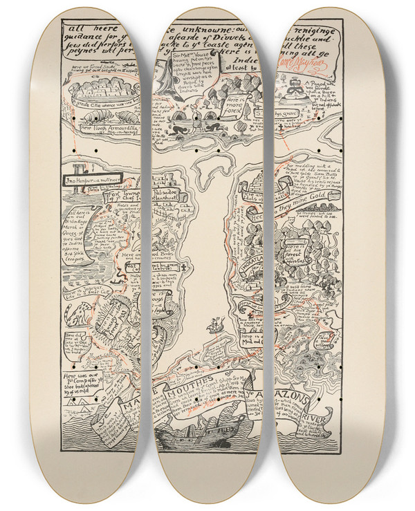 Triptych art skateboard deck of Rudyard Kipling Map Of The Turbid Amazon by Rudyard Kipling (1865-1936)