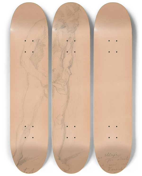 Triptych art skateboard deck of Jzef Simmler Nude Study For A Figure Of An Italian In The Painting The Upbringing Of Sigismund Augustus by Jozef Simmler (1823-1868)