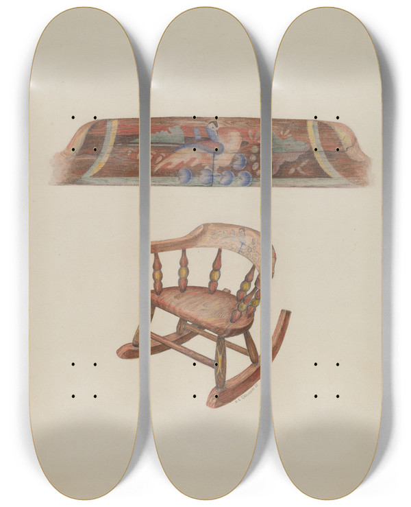 Triptych art skateboard deck of Austin L Davison Childs Rocking Chair by Austin L Davison