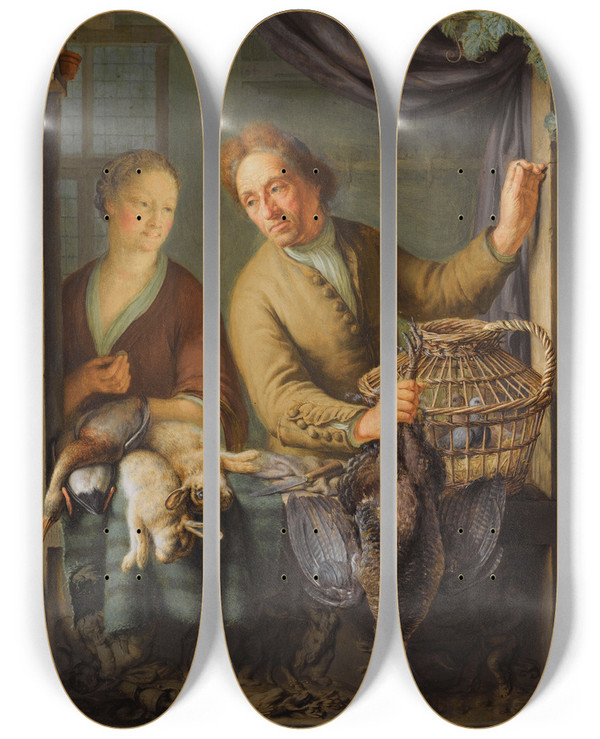 Triptych art skateboard deck of Frans Van Mieris The Younger The Poulterer by Frans Van Mieris The Younger (1689-1763)