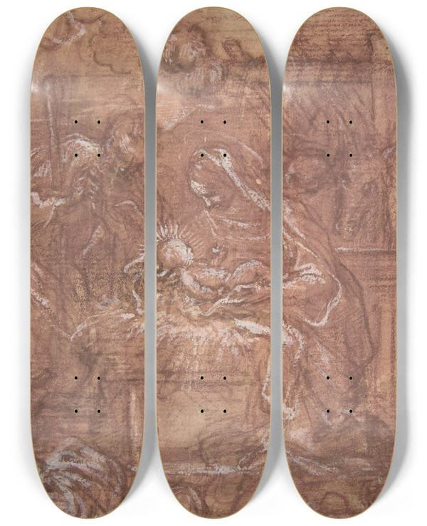 Triptych art skateboard deck of Giuseppe Passeri The Nativity by Giuseppe Passeri (1654-1714)