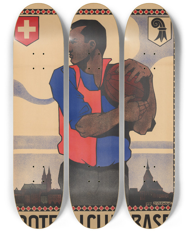 Triptych art skateboard deck of Rudolf Drrwang Footballclub Basel by Rudolf Durrwang (1883-1936)