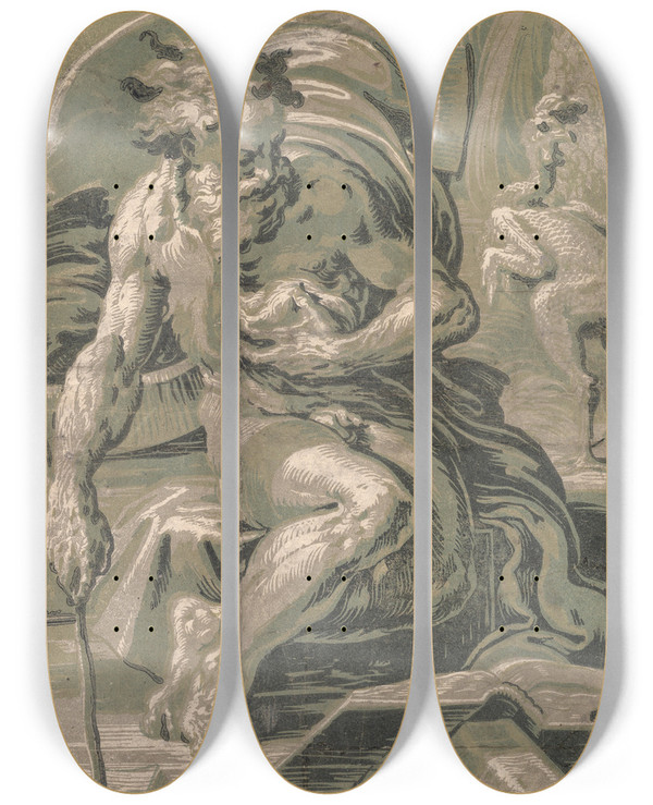 Triptych art skateboard deck of Ugo Da Carpi Diogenes by Ugo Da Carpi