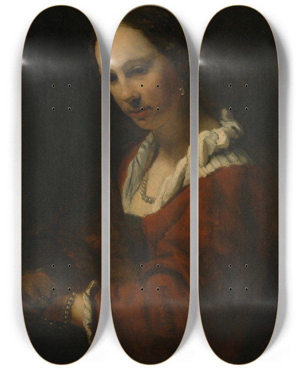 Triptych art skateboard deck of After Willem Drost Young Woman With A Pearl Necklace by After Willem Drost (1633-1659)