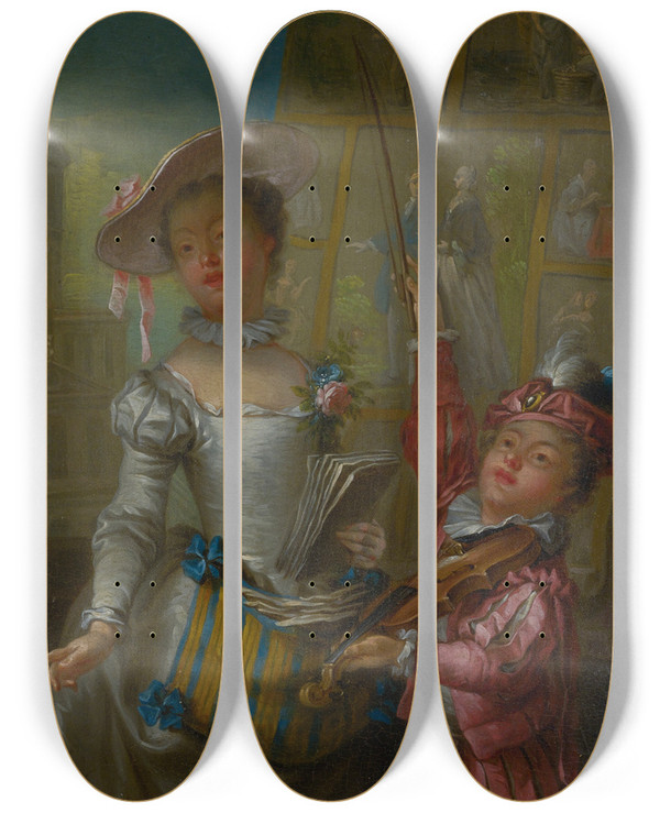 Triptych art skateboard deck of Franois Eisen Street Musicians by Francois Eisen (1695-1778)