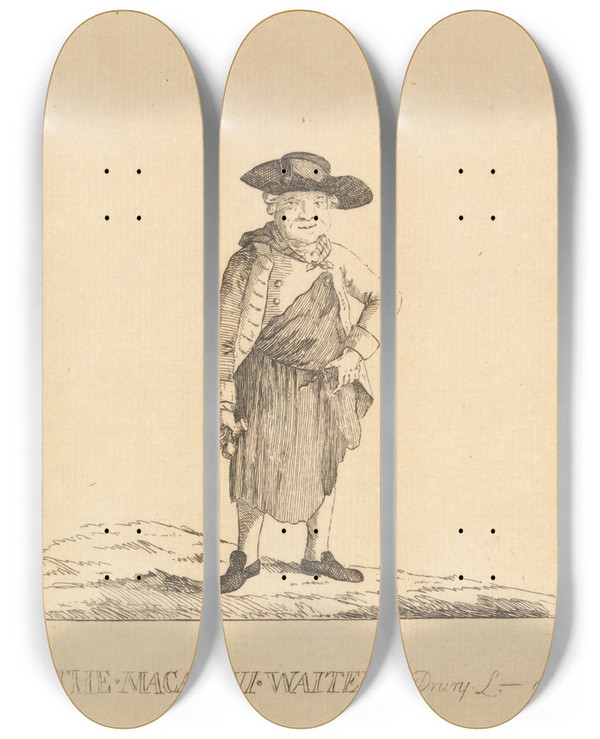 Triptych art skateboard deck of Mary Darly The Waiter Drury Lane by Mary Darly (1756-1779)