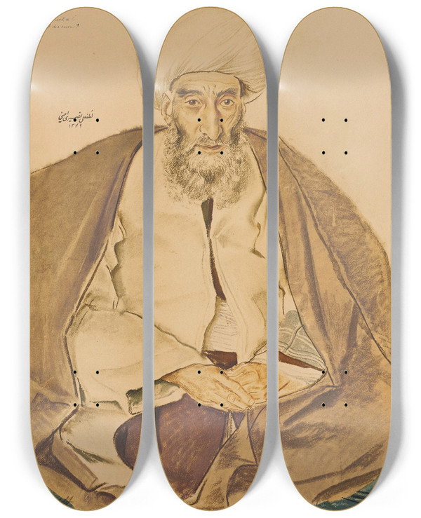 Triptych art skateboard deck of Alexandre Jacovleff Mirza Lotf Ali Lettre Persan Teheran by Alexandre Jacovleff (1887-1938)