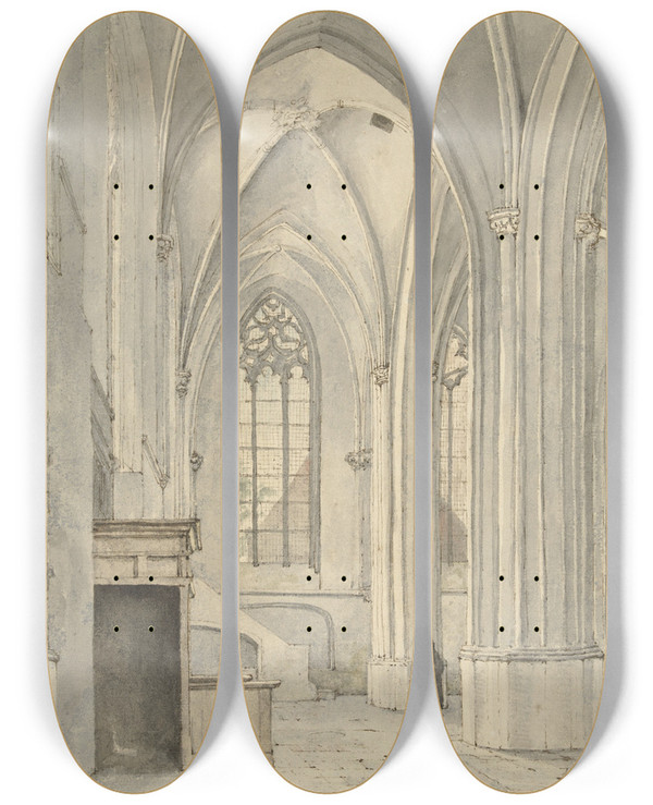Triptych art skateboard deck of Gerrit Lamberts Interieur Van De Kerk Van Rhenen by Gerrit Lamberts (1776-1850)