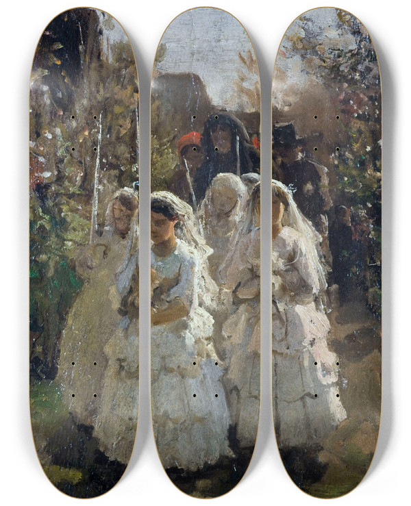 Triptych art skateboard deck of Jules Breton Les Communiantes Courrires by Jules Breton (1827-1906)
