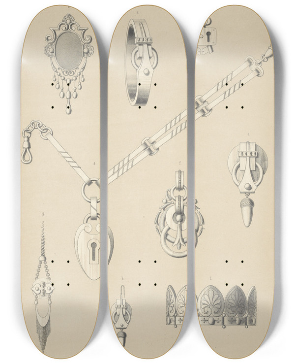 Triptych art skateboard deck of Martin Gerlach Ii Jahrgang Liefr Iii Bl 9 Nine Designs For Jewelry Including Necklace With Pendant In Shape Of Lock by Martin Gerlach (1846-1918)