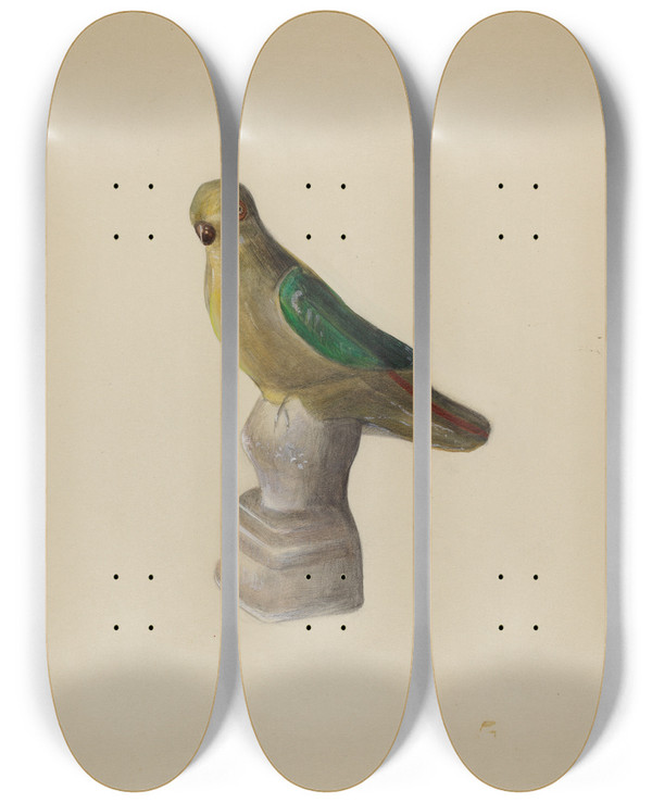 Triptych art skateboard deck of Mina Lowry Chalkware Parrot by Mina Lowry (1894-1942)
