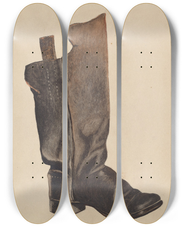 Triptych art skateboard deck of Earl Butlin Childs Boot by Earl Butlin