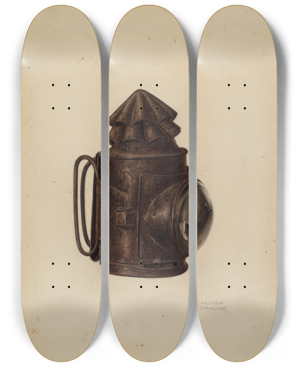 Triptych art skateboard deck of Andrew Topolosky Tin Spot Lamp by Andrew Topolosky