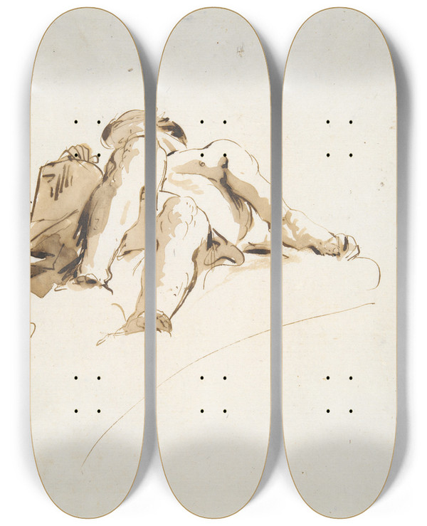 Triptych art skateboard deck of Giovanni Battista Tiepolo Reclining Male Nude With Right Hand Resting On A Stone Tablet Seen Frombelow by Giovanni Battista Tiepolo (1696-1770)