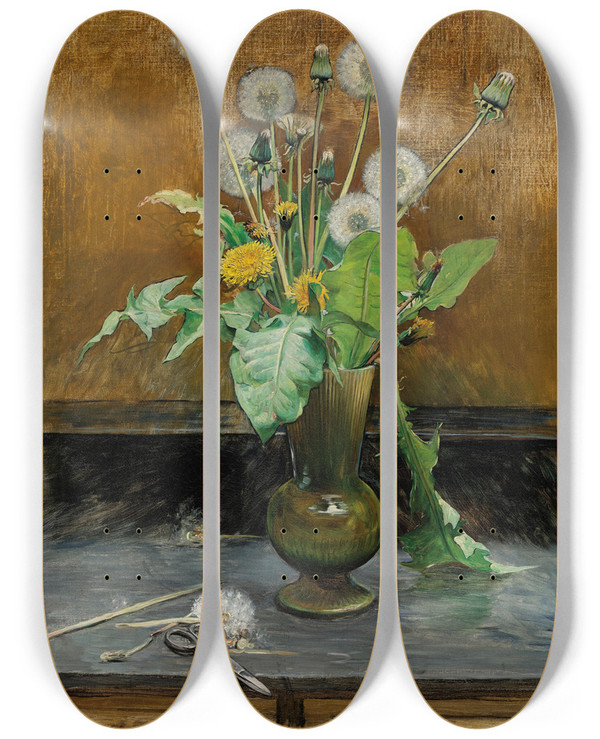 Triptych art skateboard deck of Bertha Wegmann Dandelions by Bertha Wegmann (1847-1926)