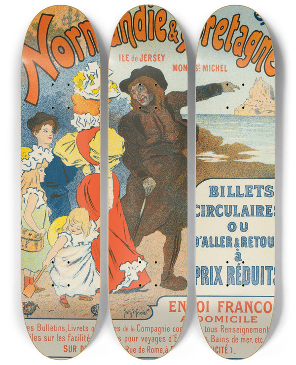 Triptych art skateboard deck of Georges Meunier Excursions En Normandie Et Bretagne by Georges Meunier (1869-1942)