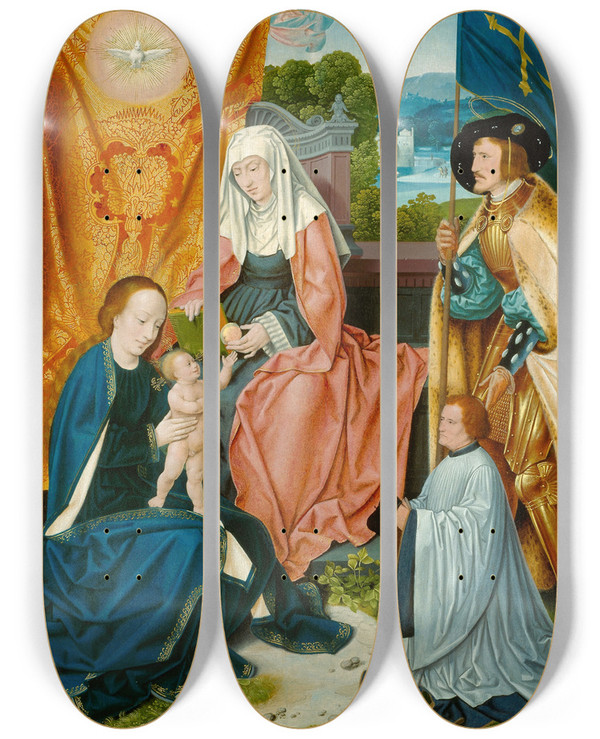 Triptych art skateboard deck of Barthel Bruyn The Elder Virgin And Child With Saint Anne Saint Gereon And A Donor by Barthel Bruyn The Elder (1493-1555)