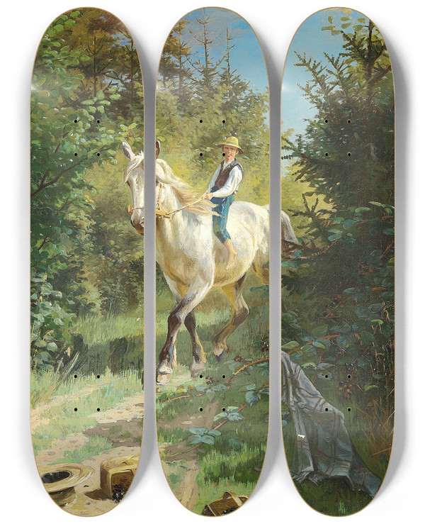 Triptych art skateboard deck of Adolf Mackeprang Dreng P En Hvid Hest I Skoven by Adolf Mackeprang (1833-1911)