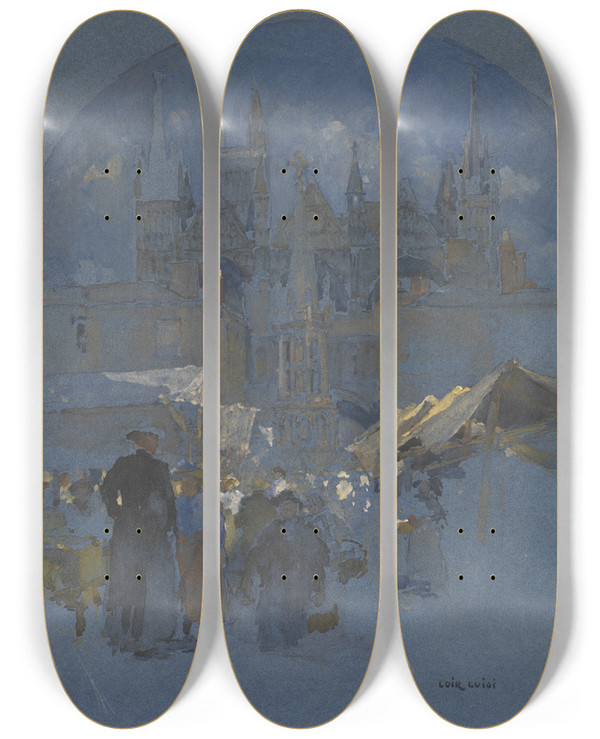 Triptych art skateboard deck of Luigi Loir A Market Square Before A Cathedral by Loir Luigi (1845-1916)