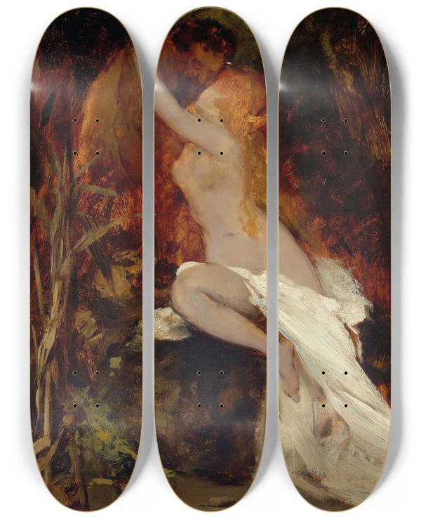 Triptych art skateboard deck of Hans Makart Faun And Nymph by Hans Makart (1840-1884)