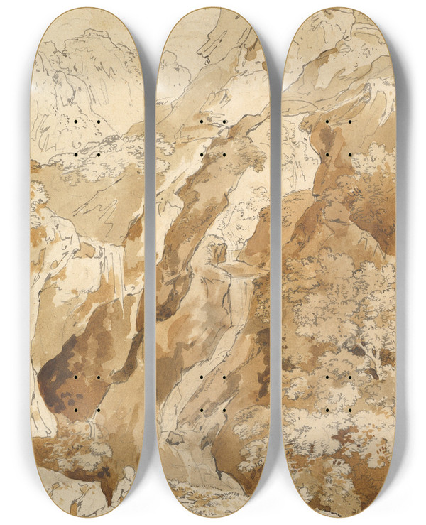 Triptych art skateboard deck of Johann Georg Von Dillis Reclining Man In A Mountainous Landscape With Waterfalls by Johann Georg Von Dillis (1759-1841)