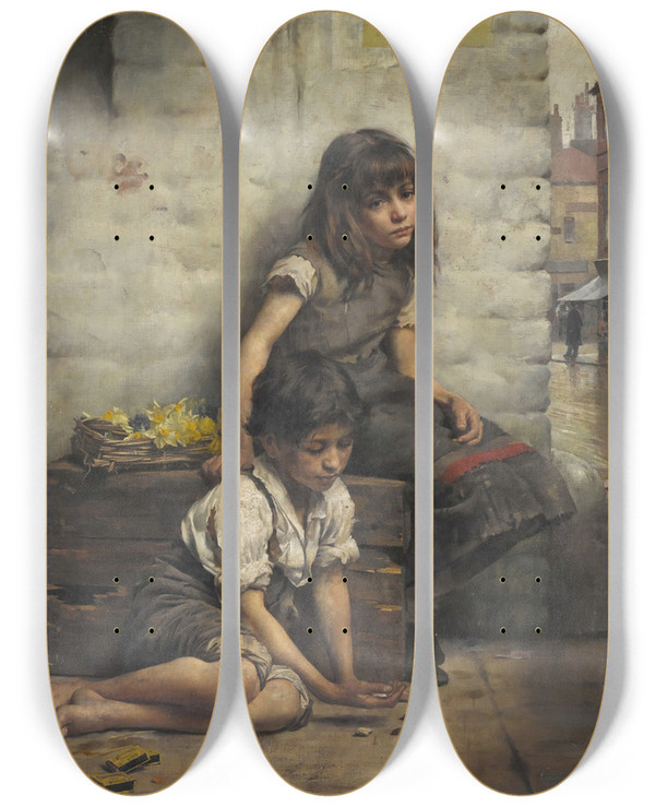 Triptych art skateboard deck of Thomas Benjamin Kennington Waifs by Thomas Benjamin Kennington (1856-1916)