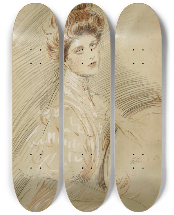Triptych art skateboard deck of Paul Csar Helleu Portrait De Femme by Paul Cesar Helleu (1859-1927)