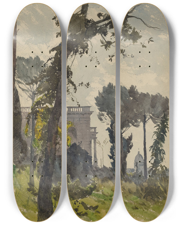 Triptych art skateboard deck of Henrijoseph Harpignies View Of The Dome Of Saint Petersrome by Henri Joseph Harpignies (1819-1916)