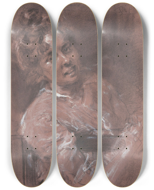 Triptych art skateboard deck of Fritz Von Uhde Bildnisstudie by Fritz Von Uhde (1848-1911)