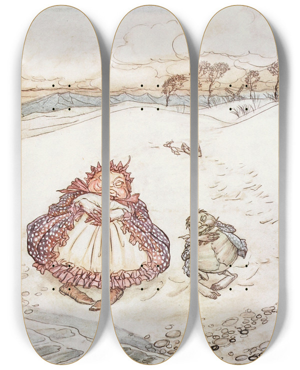 Triptych art skateboard deck of Arthur Rackham The Crab And His Mother by Arthur Rackham (1867-1939)