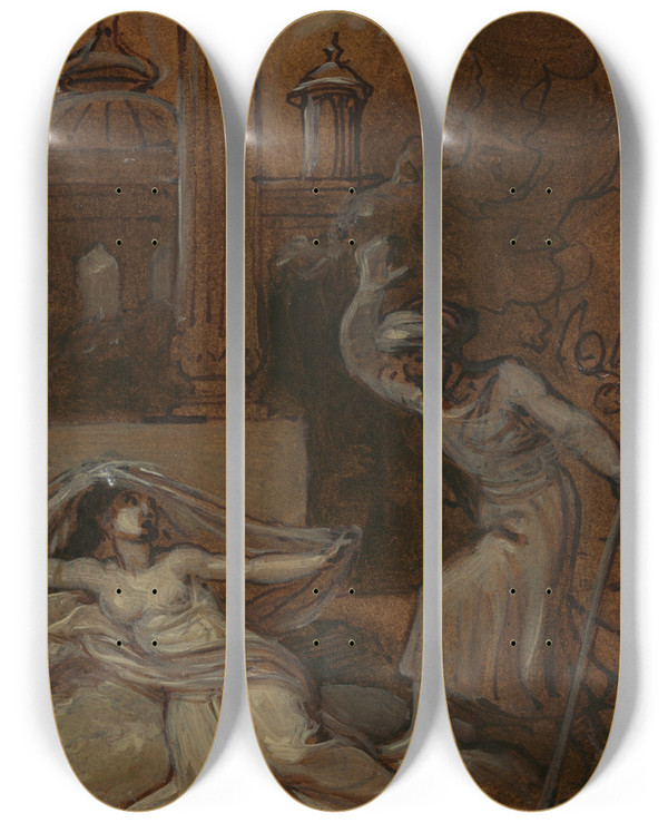 Triptych art skateboard deck of Robert Smirke Illustration For An Eastern Romance Possibly The Arabian Nights With Female Figure Reclining At Left by Robert Smirke (1752-1845)