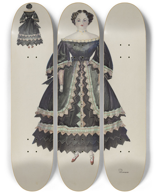 Triptych art skateboard deck of Josephine C Romano Doll Minerva Pratt by Josephine C Romano