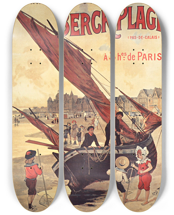 Triptych art skateboard deck of Louis Tauzin Chemin De Fer Du Nord Berckplage by Louis Tauzin (1845-1914)