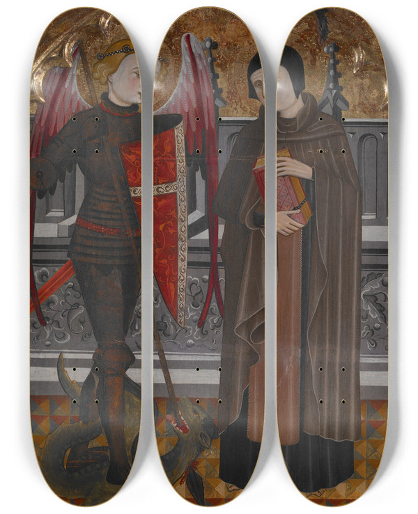 Triptych art skateboard deck of Pere Vall St Michael And St Amador by Pere Vall (1400-1425)