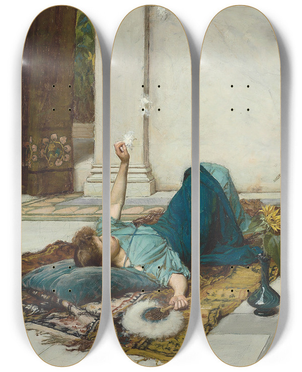 Triptych art skateboard deck of John William Waterhouse Dolce Far Niente by John William Waterhouse (1849-1917)