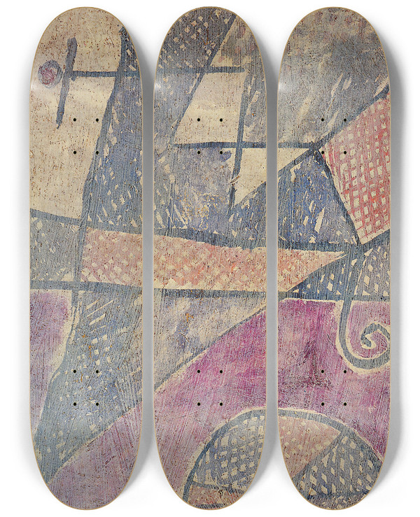 Triptych art skateboard deck of Paul Klee Stricken City by Paul Klee (1879-1940)