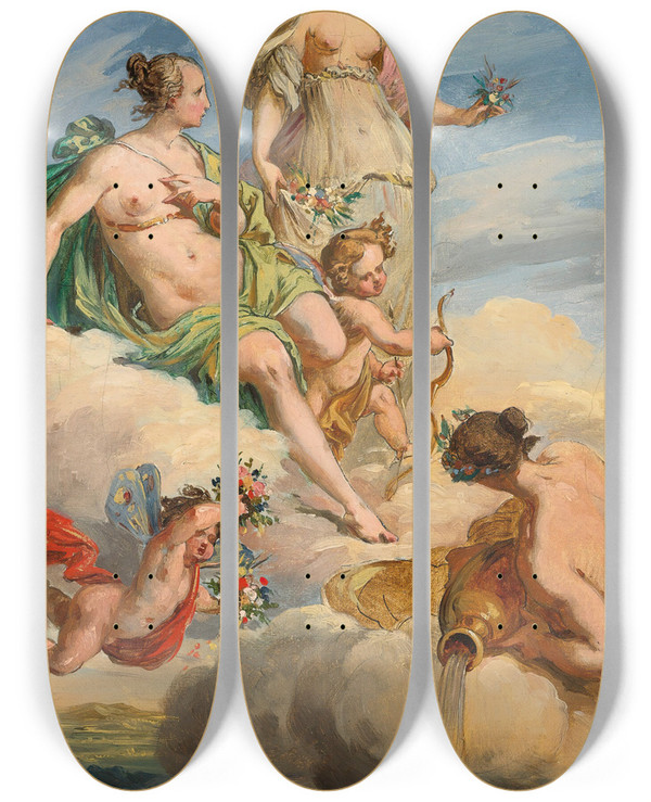 Triptych art skateboard deck of Follower Of Felice Giani Two Goddesses And A Personification Of A River by Follower Of Felice Giani (1758-1823)